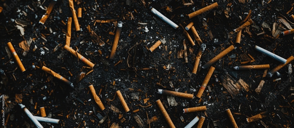 The ground is covered with a vast amount of discarded cigarettes, creating a pervasive image of waste against a black background.