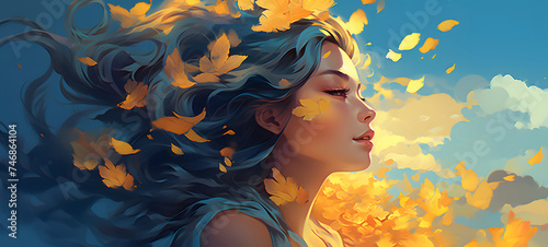 minimal beutiful women spring illustration flower leaf sky clouds gold, ai generative