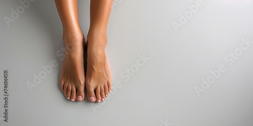 Female feet with pedicure on grey background. Top view. Flat lay. Banner design. photo