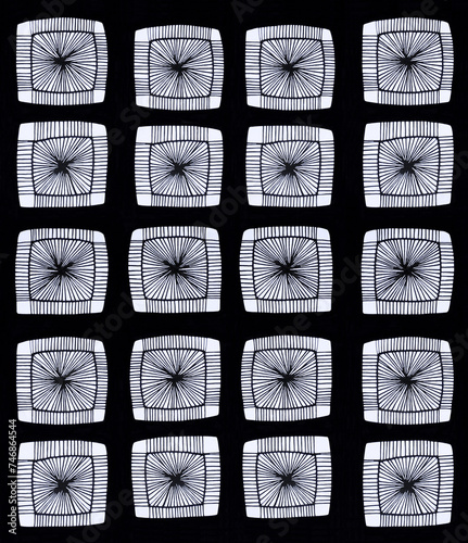 Drawing of squares and lines in black ink on blackbackground