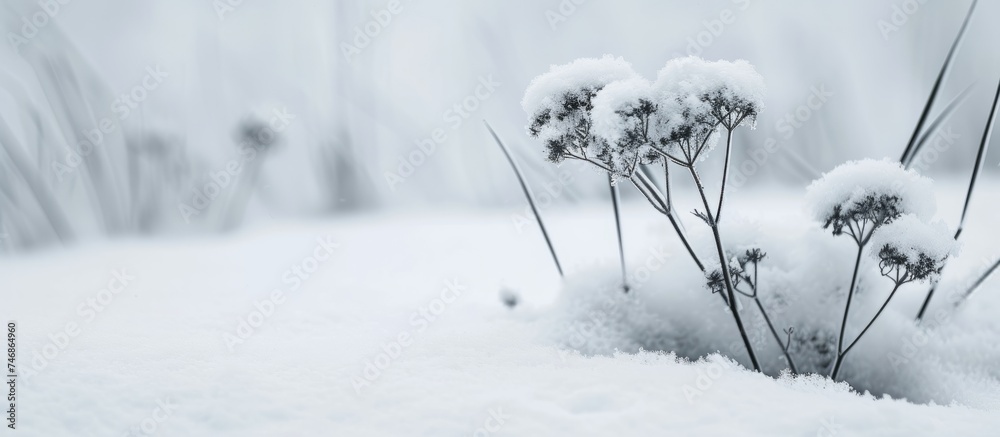 Winter Wonderland: Variety of Snow Covered Plants in a Serene Snowy Landscape