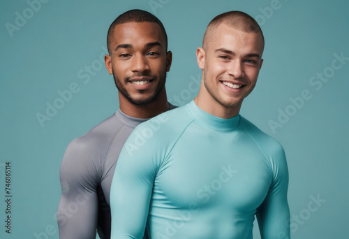 Two smiling men wearing fitted athletic shirts. They stand closely, exuding a friendly vibe.