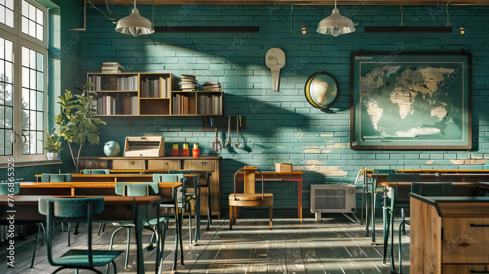 Retro Classroom Set with Wooden Desks, Chalkboard, and Globe. Concept of School Days and Educational Nostalgia Retro Classroom Set with Wooden Desks, Chalkboard, and Globe. Concept of School Days and Educational Nostalgia