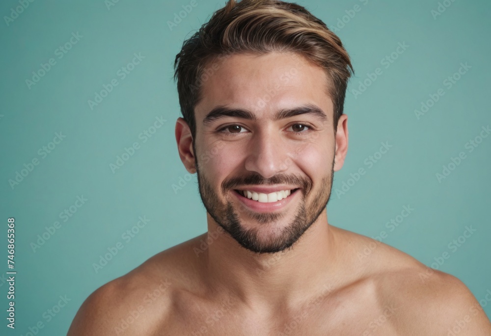 A shirtless man with a bright smile poses for the camera. The blue background emphasizes his cheerful expression. A shirtless man with a bright smile poses for the camera. The blue background emphasizes his cheerful expression.