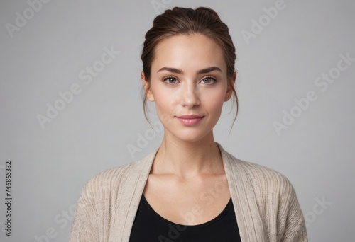 A woman with a casual sweater and neutral expression stands composed. The soft focus accentuates her serene demeanor.