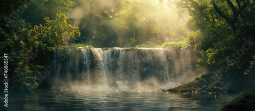 A powerful waterfall cascading down rocks in the midst of a dense forest. The water gushes with force  creating a mesmerizing sight against the backdrop of lush greenery.