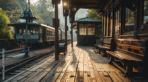 Vintage Train Station Set with Ticket Booth, Wooden Benches, and Steam Engine. Concept of Travel Nostalgia and Romanticism photo