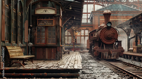 Vintage Train Station Set with Ticket Booth, Wooden Benches, and Steam Engine. Concept of Travel Nostalgia and Romanticism