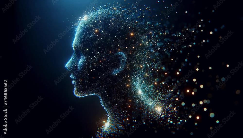 A side profile silhouette of a person, intricately filled with myriad points of light representing AI technology