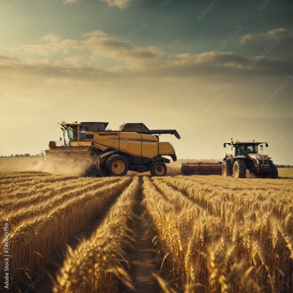 Fototapeta premium Agricultural Technology: Illustration of Harvester in Yellow Wheat Field
