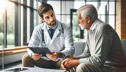 A male doctor is attentively reviewing a patient chart alongside an older male patient wallpaper background