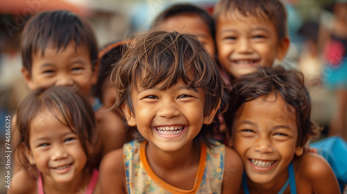 Group of young Thai villager kids happy and smiling for a photo.