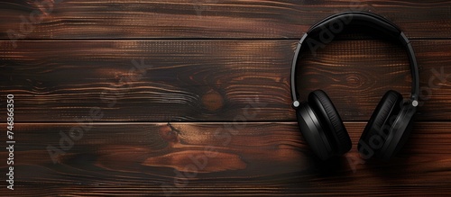 A pair of modern black headphones sitting on top of a sleek wooden table, blending style and functionality in a minimalistic setting.