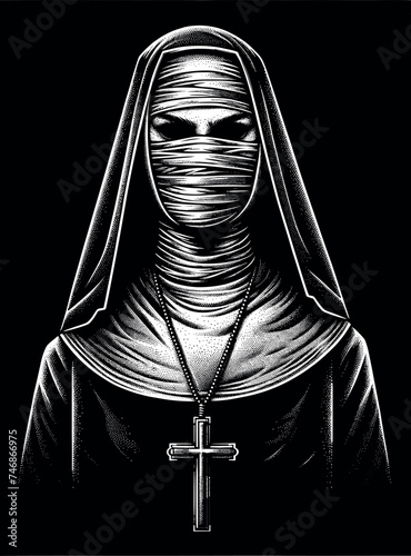 Bandaged Nun with Cross Necklace in Dotwork Style