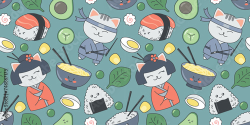 Colored Japanese seamless pattern in kawaii style for kids with cats, vegetables, with rice, noodles, sushi. Flat Vector Illustration EPS10