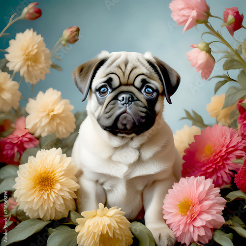 A lovely little pug puppy surrounded by wildflowers. It's depicted in a Victorian-style illustration. © María Virginia Scari
