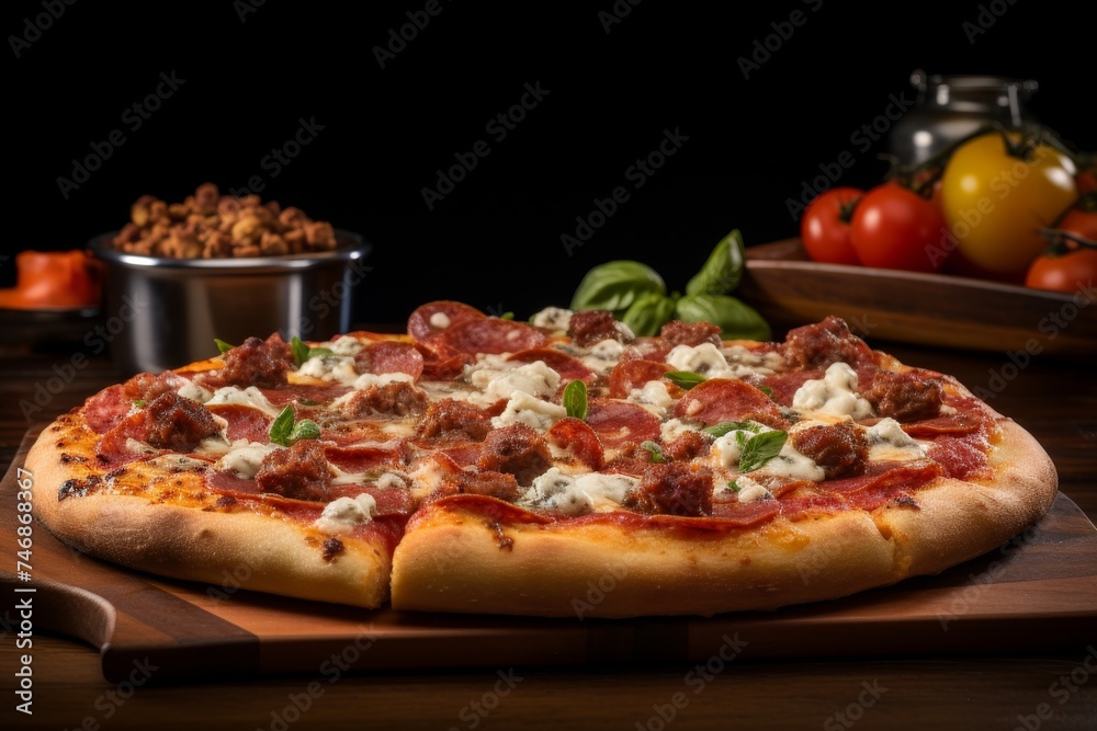 Freshly Baked Pepperoni, Sausage, and Cheese Pizza with Crispy Crust, Garnished with Basil Leaves and Cherry Tomatoes, served on Rustic Wooden Table in a Cozy Italian Restaurant Setting