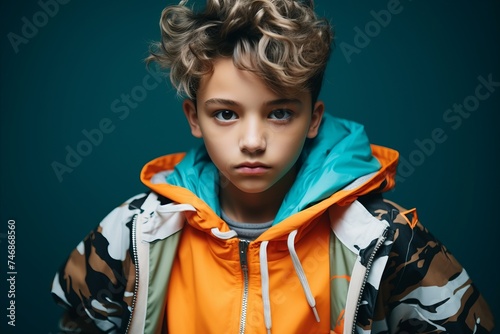 Portrait of a cute little boy with curly hair in a bright jacket.
