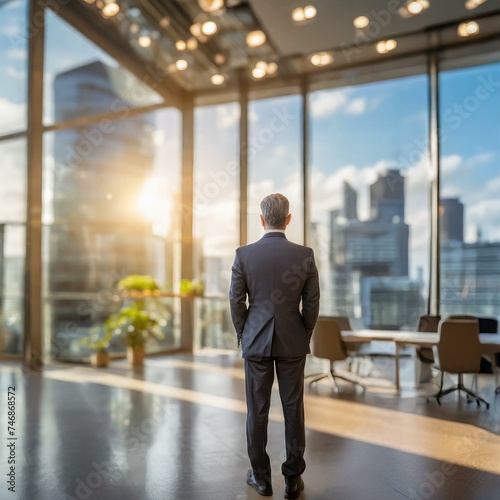 business man standing proud in front of corporate office windows looking at city skyline outside, concept of dream workplace and job satisfaction or