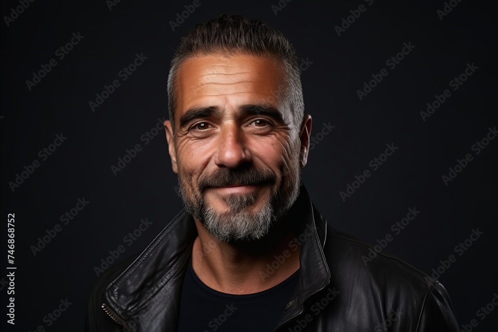 Portrait of a bearded man in a leather jacket on a dark background.