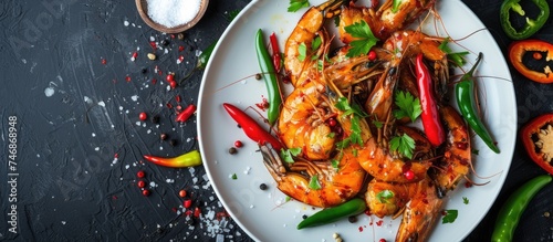 A white plate is displayed with shrimp, green peppers, and red peppers arranged on top. The dish is seasoned with salt, creating a visually appealing presentation.