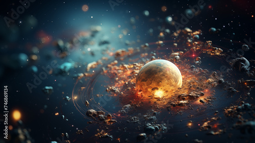 Celestial Chaos: An Artistic Rendering of a Crumbling Planet Amidst Asteroids