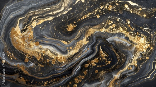 Abstract ocean- ART. Natural Luxury. Style incorporates the swirls of marble or the ripples of agate. Very beautiful black paint with the addition of gold powder - generative ai © Nia™