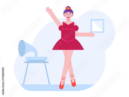Young woman is dancing ballet. Hobby vector illustration.