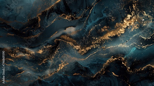 Abstract ocean- ART. Natural Luxury. Style incorporates the swirls of marble or the ripples of agate. Very beautiful black paint with the addition of gold powder - generative ai photo
