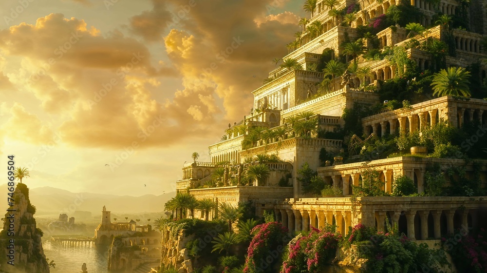Spectacular monument of the Hanging Gardens of Babylon, with houses and vegetation on a large structure at sunset during the golden hour, with a scenic background for a wallpaper of the Seven Wonders 