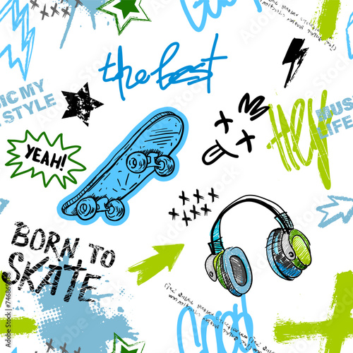 Abstract seamless grunge pattern for boy. Urban style modern background with colorful skateboards. Sport extreme style creative wallpaper for guys.
