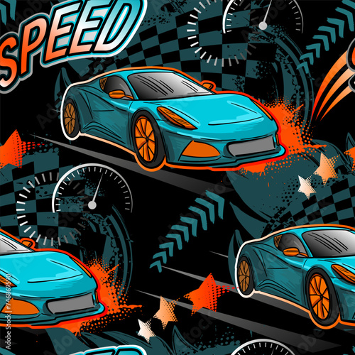 Abstract seamless grunge pattern for boy. Urban style modern background with sport car. Drive and speed  wallpaper for guys. Extreme style