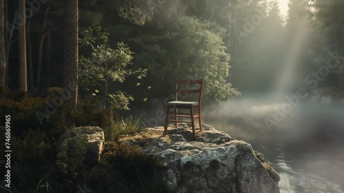 chair on a rock in the middle of a forest with a lake and butterflies photo