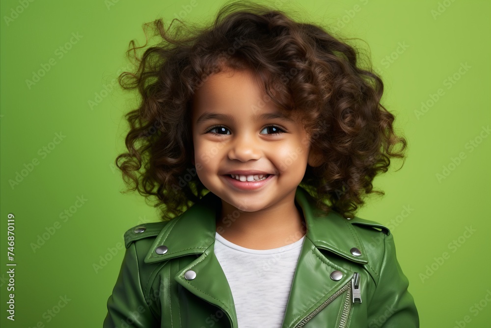 Cute little girl with curly hair and green leather jacket over green background Cute little girl with curly hair and green leather jacket over green background