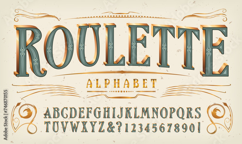 Roulette alphabet; an elegant tall lettering style in sage green and metallic gold tones.
