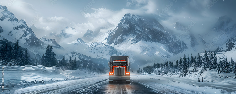 front view of single truck on road to mountain, snow day	 - obrazy, fototapety, plakaty 