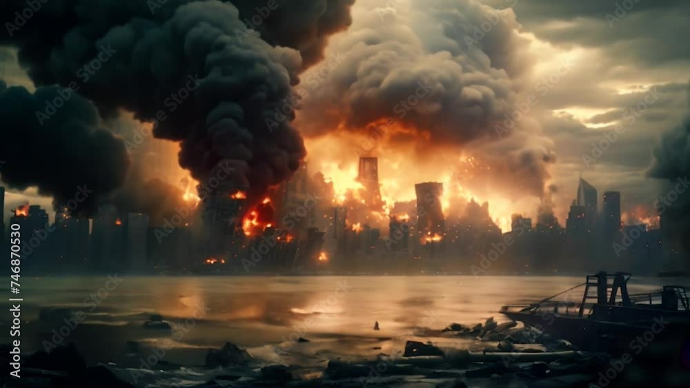 A modern city like New York by the coast of a sea or a river, bombed, with flames, fire and black smoke. War and terrorist attacks on urban area at sunset, with ruins and silhouettes of buildings