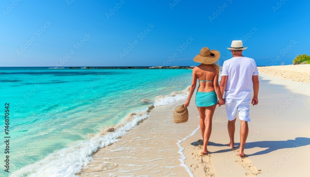 Serene young couple strolling on white sand beach on paradise island with text space