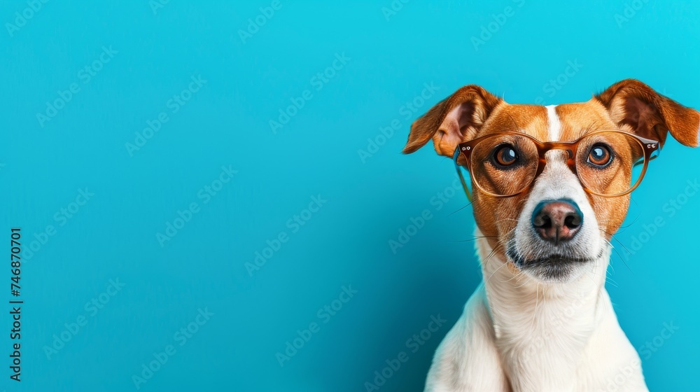 Stylish puppy with glasses in studio setting, perfect for custom text placement opportunities