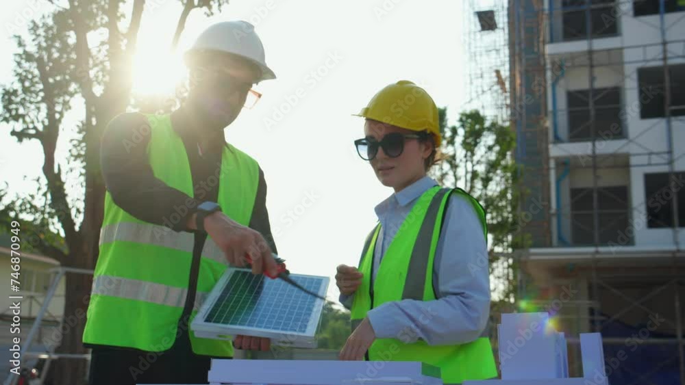 Team young engineer or architect meeting and planning installation solar panel at construction site, engineer talking and discussing with partner for installation solar cell, industry concept. Team young engineer or architect meeting and planning installation solar panel at construction site, engineer talking and discussing with partner for installation solar cell, industry concept.