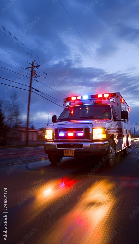 Emergency ambulance with motion blur rushing through illuminated city streets at night