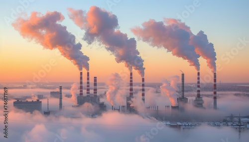 Factory chimneys emit smoke into thick smog, depicting environmental impact of industrial pollution.