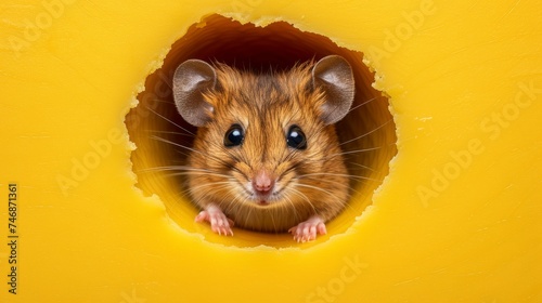 Mouse head peeking through hole in cheese, close up rodent in cheddar, animal and food concept © Ilja