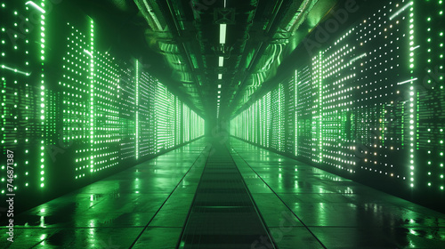 Server room data center with green light.