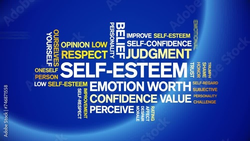 Self-Esteem animated tag word cloud;text design animation kinetic typography seamless loop.
