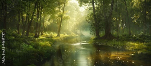 A river winds its way through a dense green forest, surrounded by vibrant foliage and tall trees. The water flows steadily, creating a serene and harmonious scene in the natural landscape.