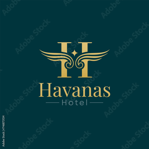Havanas Hotel Logo Vector  Illustration. Template Design Idea Combining Inital H Letter with classic wings