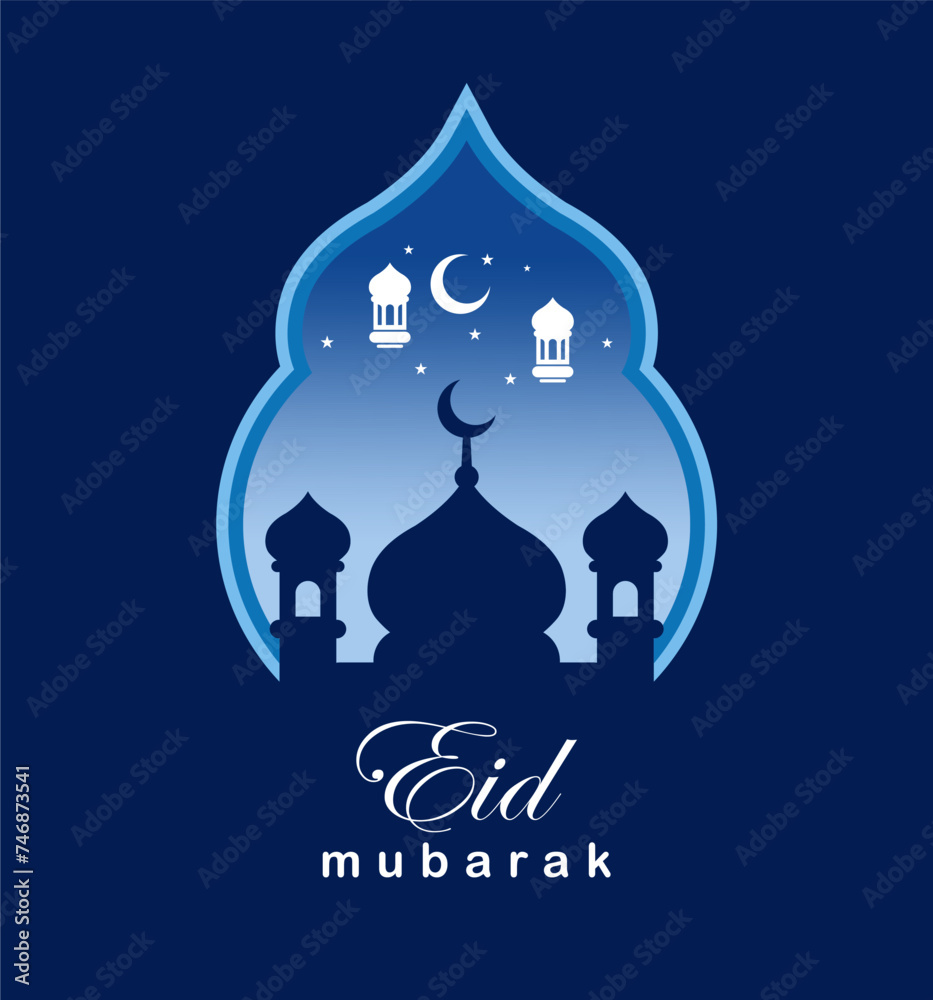 Elegant blue Islamic Eid Mubarak design with frame, lantern and mosque silhouette. suitable for designs for Eid al-Fitr, Eid al-Adha, Ramadan, Muharram, Islamic days, etc Elegant blue Islamic Eid Mubarak design with frame, lantern and mosque silhouette. suitable for designs for Eid al-Fitr, Eid al-Adha, Ramadan, Muharram, Islamic days, etc