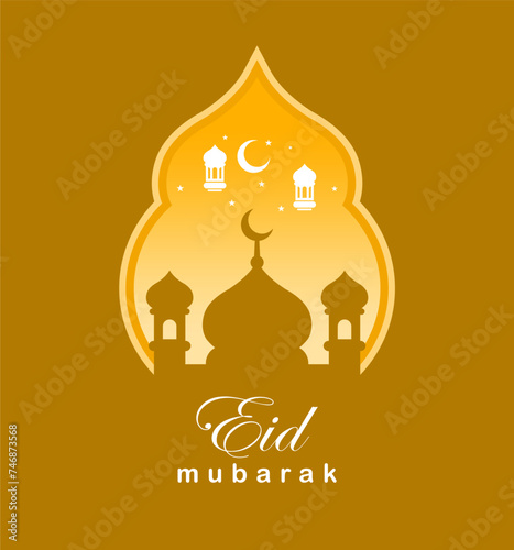 Elegant Islamic Eid Mubarak design with frame, lantern and mosque silhouette. suitable for designs for Eid al-Fitr, Eid al-Adha, Ramadan, Muharram, Islamic days, etc