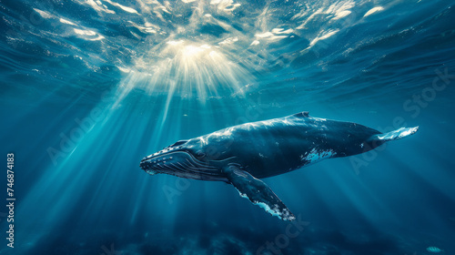 a cinematic photo of a whale in the deep blue sae, Whale is close to camera, beautiful Blue water, stunning sunbeams cutting through the water